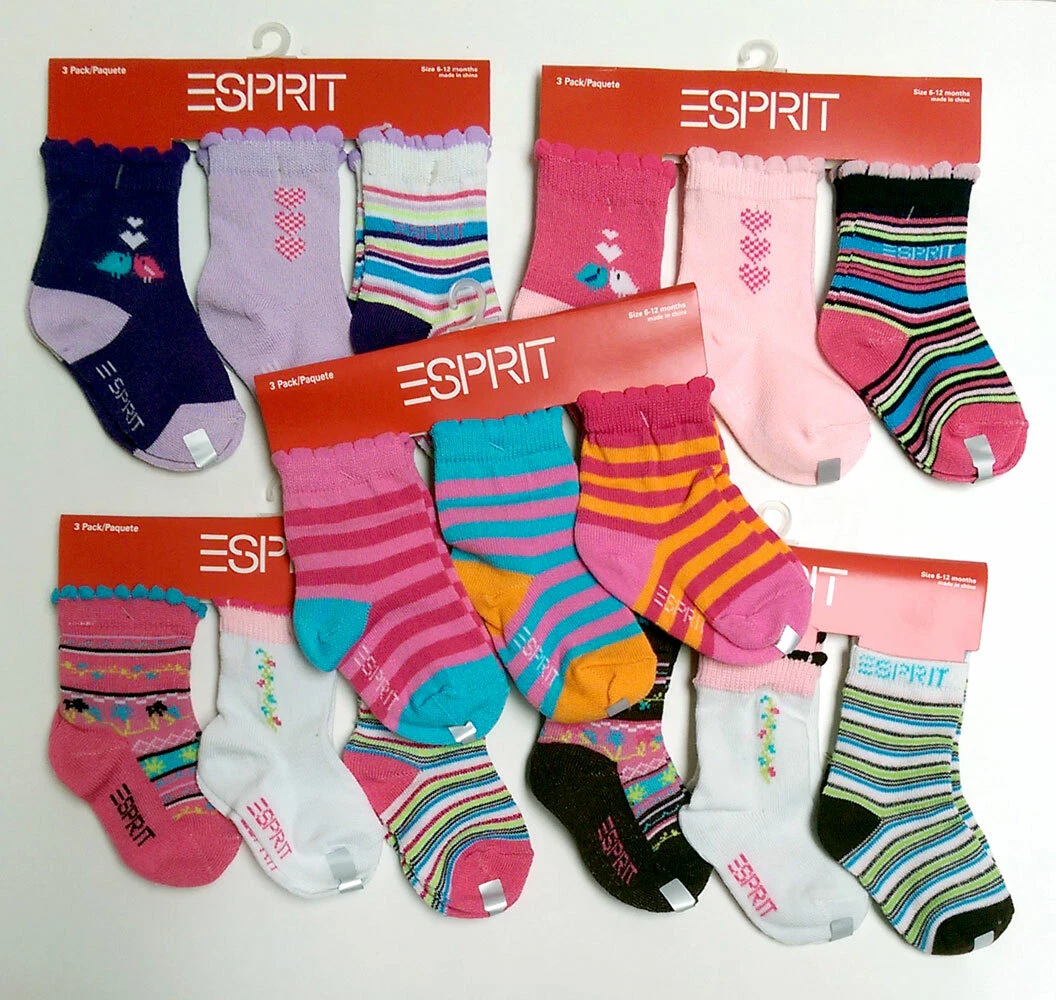 15 Pair ESPRIT Baby Girl Crew Socks Size 6-12 Mo Infant Novelty Assorted Designs