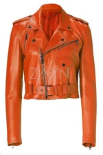 Womens Real Lambskin Leather Cropped Biker Jacket Short Motorcycle Orange Jacket