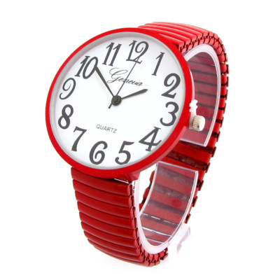 Red Super Large Round Face Easy to Read Unisex Geneva Stretch Band Watch