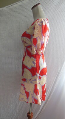 NEW TOPSHOP Red Cream LARGE FLORAL Satin PUFF SLEEVE Cutout Back MINI DRESS  US 2 | eBay