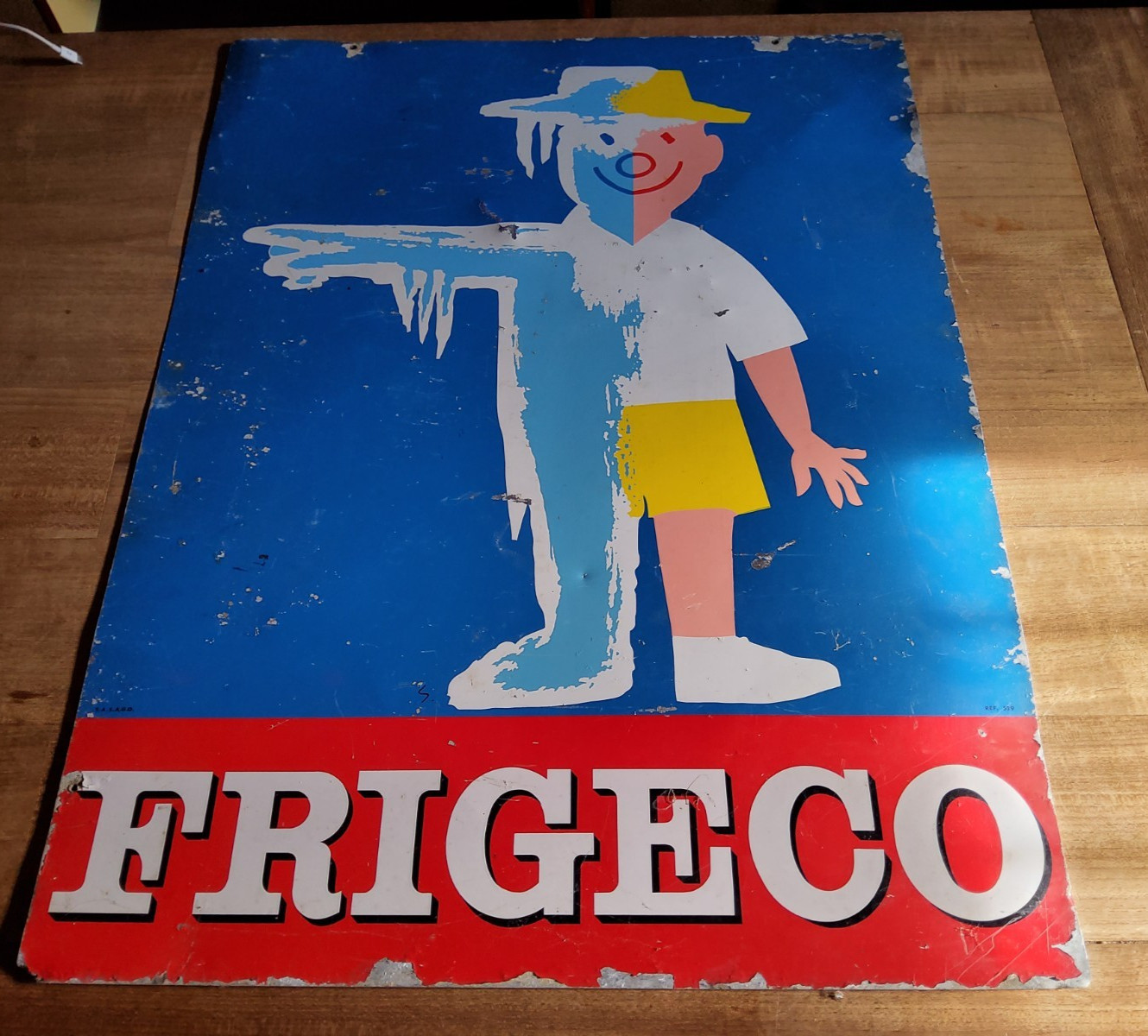 ORIGINAL VINTAGE TIN PLAQUE double face FRIGECO by Savignac 1960's