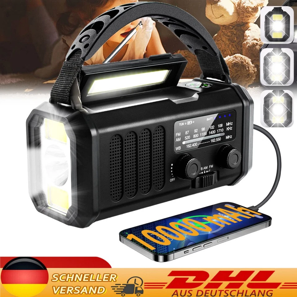LED Handkurbelradio Type C, aufladbar, 10000 mAh, Solar-Notfallradio DHL