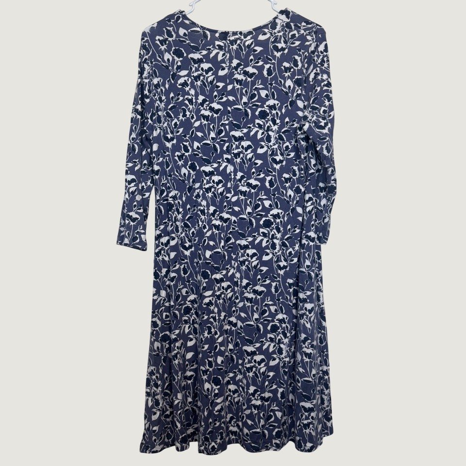 Garnet Hill Floral Tencel Knit Dress Navy Blue White 3/4 Sleeve A-Line ...