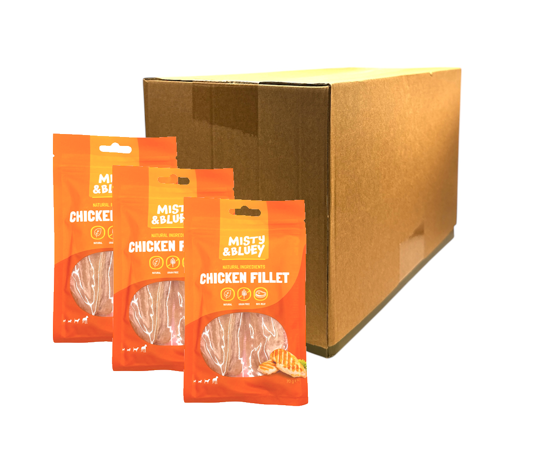 MISTY & BLUEY NATURAL CHICKEN FILLETS DOG PUPPY MEATY CHEW TREATS 70G CASE OF 10