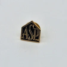 Vintage ASP Pin Letters Logo Monogram Black Background Gold Tone