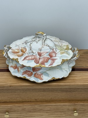 Antique M&Co Limoges France Covered Dish Hand Painted Leaves Gold Trim 1900s