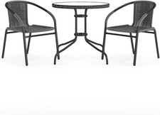 3 Piece Glass Table Rattan Chairs Set Garden Patio Bistro Dining Furniture