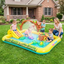 Inflatable Animal Spray Pool With Slide And Ring Toss For Kids Backyard Fun