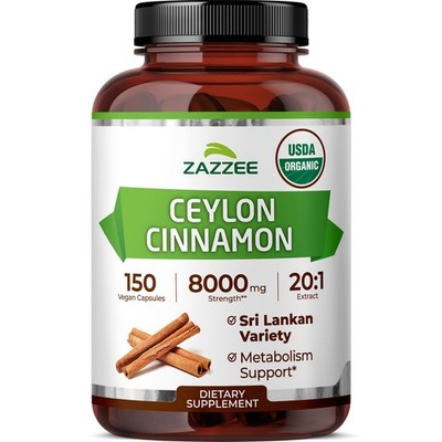 USDA Organic Ceylon Cinnamon 20:1 Extract, 150 Vegan Capsules, 5 Month Supply