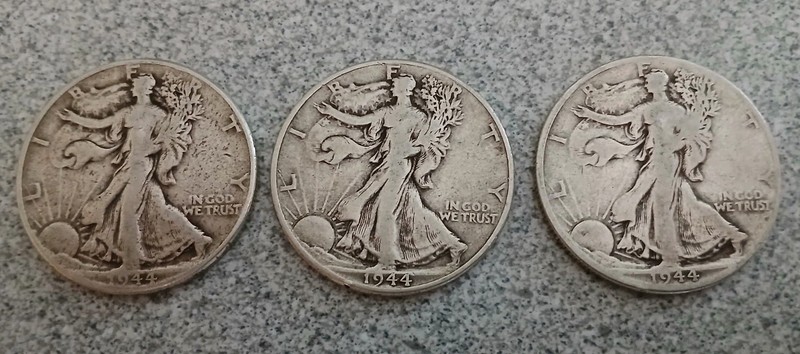 3-1944 Walking Liberty 90% Silver Half Dollars 2-P & 1-D Circulated Ungraded