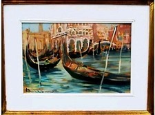 dipinto olio su tela paesaggio Gondole a Venezia Ezio Bruzzone Pittore Livornese
