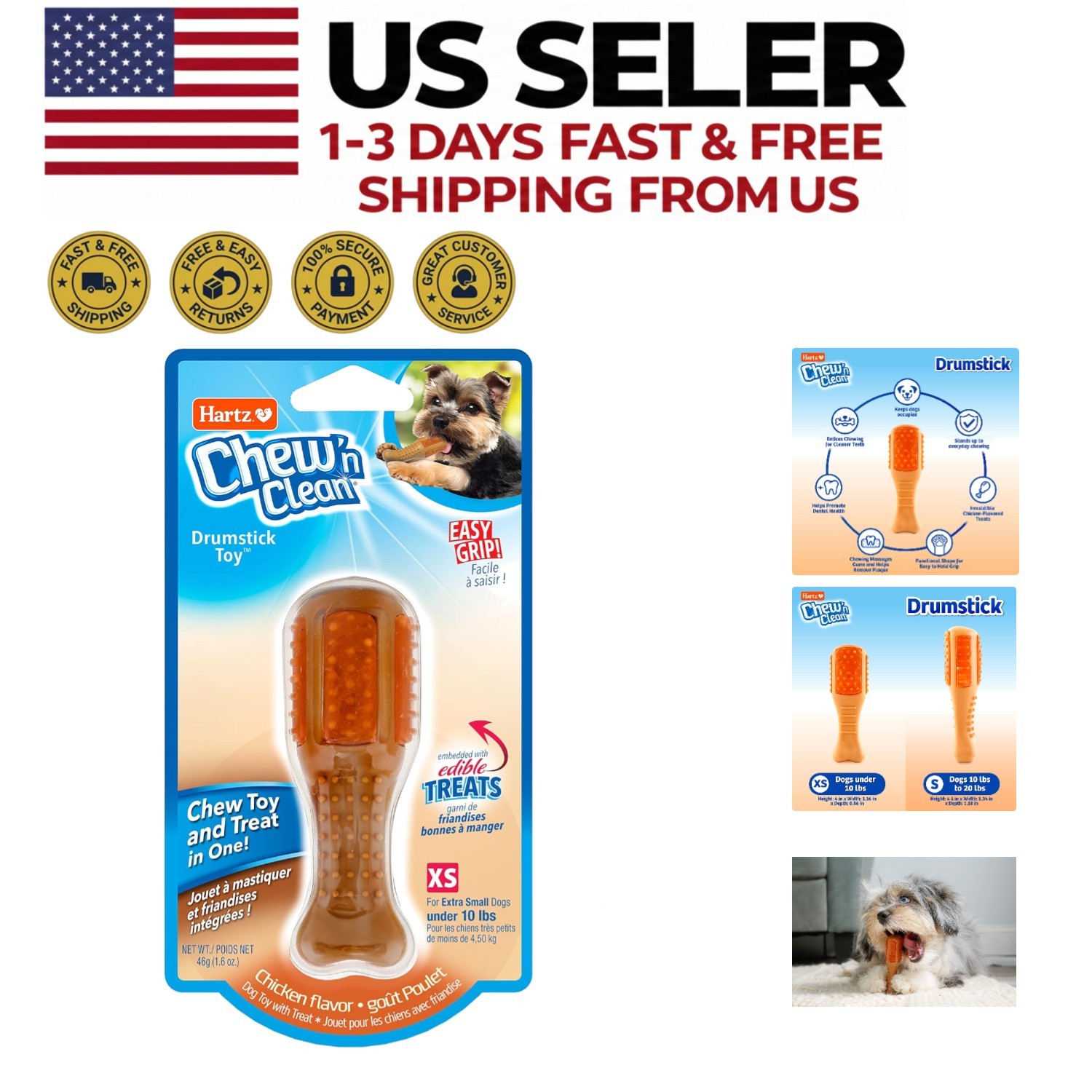 Extra Small Dog Chew Toy - Chicken Flavored Drumstick Treat & Dental Cleaner