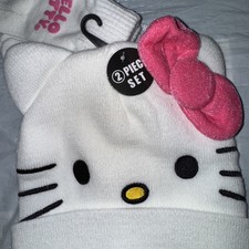 Hello Kitty White Knit Cap, Hat with Ears And Pink Bow  Matching Glove Set