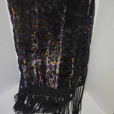 Lord Taylor Silk Blend Velvet Burnout Shawl Wrap Fringe Black