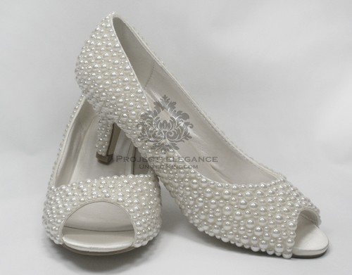 LADIES PEARL PEEP TOE LOW MID HEEL COURT SHOES WHITE BRIDAL WEDDING HIGH KITTEN