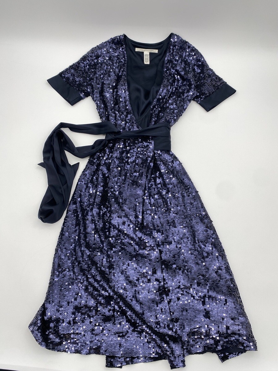 Diane von Furstenberg Sequence Midi Cocktail Silk Dress Blue Black Women  Size 6