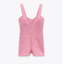 ZARA Short Textured Weave Pink Jumpsuit Short Romper Small NWT