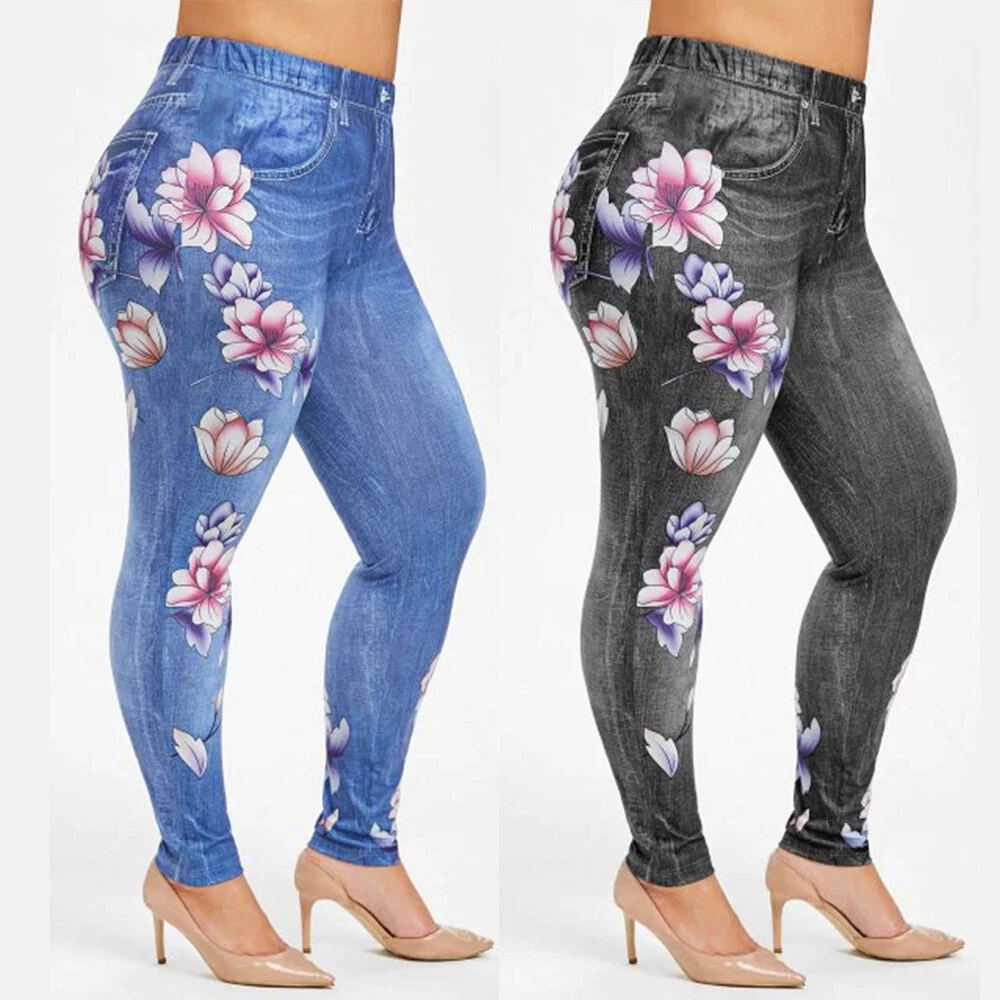 Floral Imitation Denim Print Leggings Skinny Casual Leggings - Temu