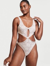 Victoria's Secret S TEDDY cutout bodysuit One-piece WHITE lace crystallized bead