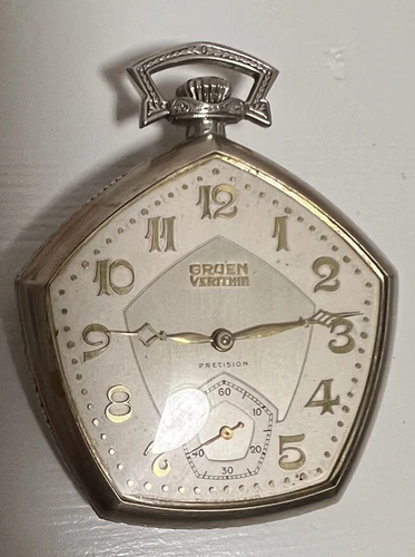 Rare GRUEN VERITHIN Pentagon Pocket Watch - White 14K GF Case Working