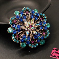 Lady Blue Rhinestone Wreath Flower Crystal Fashion Women Charm Brooch Pin Gifts
