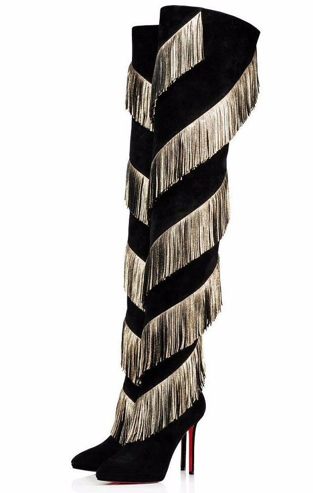 Christian Louboutin Bolcheva 120 Black Gold Fring Thigh High Knee