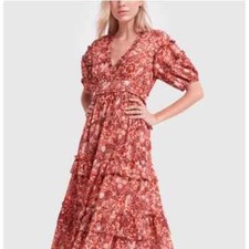 ULLA JOHNSON Amora Dress Tiered Floral V-Neck Puff Open Back Midi, Size 8, Coral
