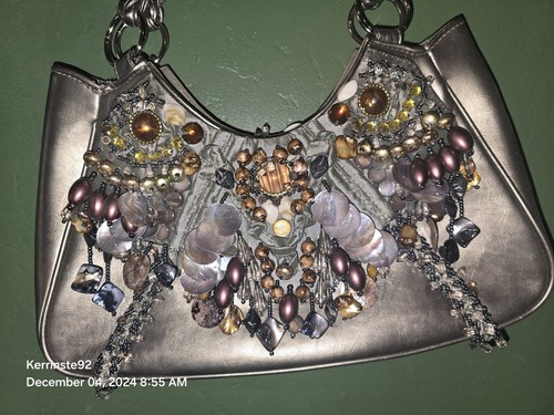 Chicos Glass Bead & Stone Embellished Vegan Leather Purse Shoulder Bag Pewter - Picture 3 of 11