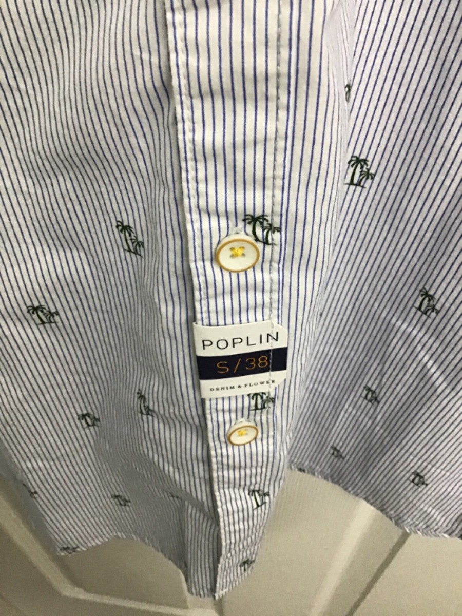 Men's Denim Flower White/Blue Stripes W/Palm Trees Short Sleeve