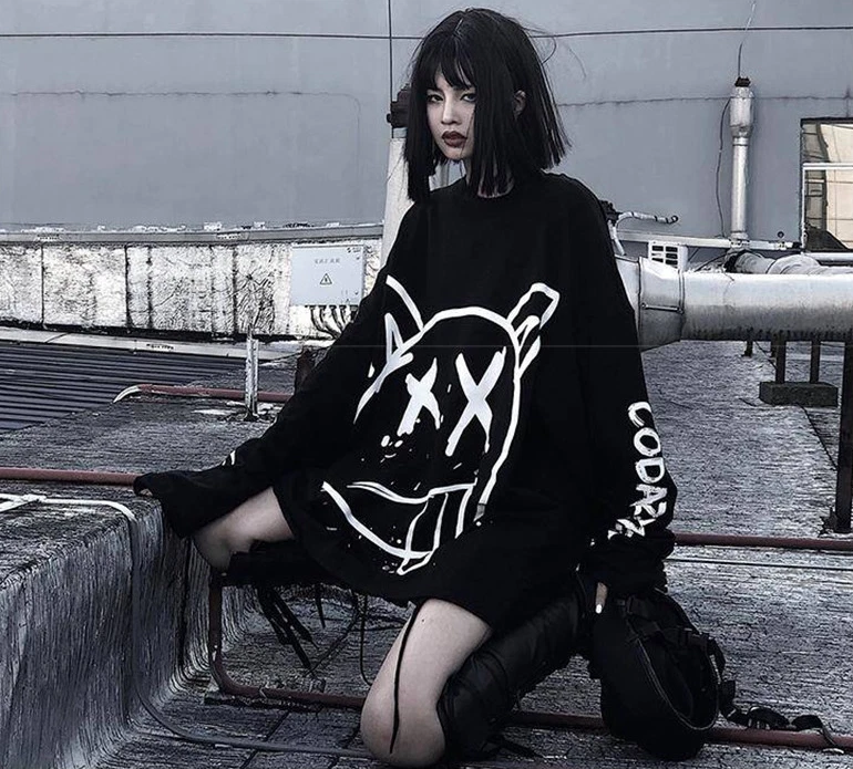 Gothic Teddy Bear Print Pullover Black Punk Oversized Loose Streetwear  Sweater | eBay