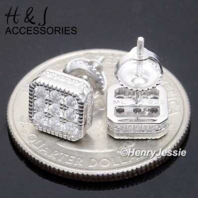 MEN SOLID 925 STERLING SILVER BLING MOISSANITE 8MM 3D SQUARE STUD EARRING*ME260