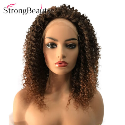 Short Afro Kinky Curly Hair Brown Highlight Wigs Synthetic Lace