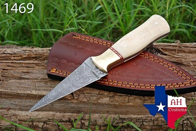 HAND FORGED DAMASCUS STEEL DAGGER BOOT KNIFE W/BONE &BRASS BOLSTER HANDLE AH1469