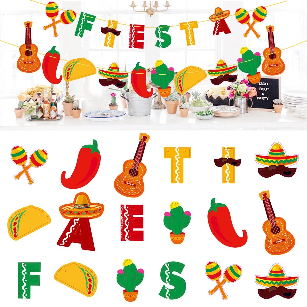 Cinco de Mayo Decor, 43pcs Fiesta Party Supplies Decorations, Mexican Party Decoration Pack Colorful Tissue Pom Poms, Hanging Paper Fans and Banner