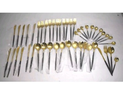 24 Piece Stainless Steel Cutlery Set Gold & Black Heavy Silverware Utensil Set