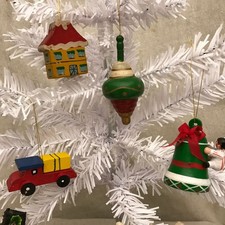 Christmas Ornaments, Wood Ornaments, Bell, Top, Truck and House, 1970's