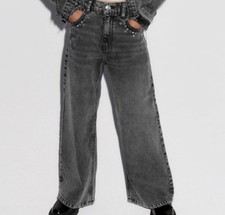 Zara Kids Black Wide Leg Studded Jeans High Rise Distressed 11-12 152cm
