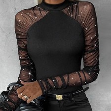 Plus Size Women Sexy Sequin Mesh Sheer Tops T-Shirt Evening Club Party Blouse