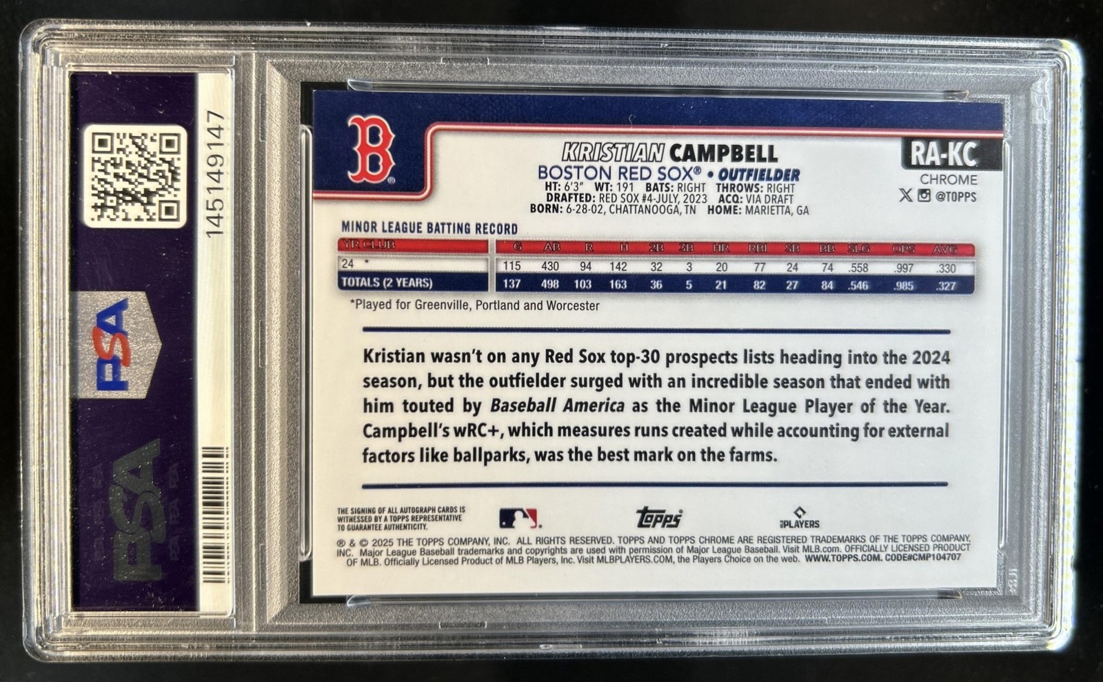 2025 Topps Chrome Kristian Campbell Rookie Auto RC Orange Refractor #/25 PSA 9 view 2