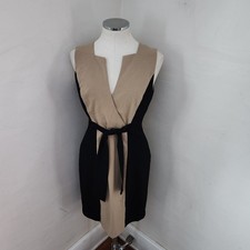 Calvin Klein Colorblock Sheath Dress Black Tan V-Neck Sleeveless Wrap Tie Size 6