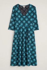 Seasalt Helena Dress UK 16 Teal Blue Tile Print Midi 3/4 Sleeves Pockets V Neck