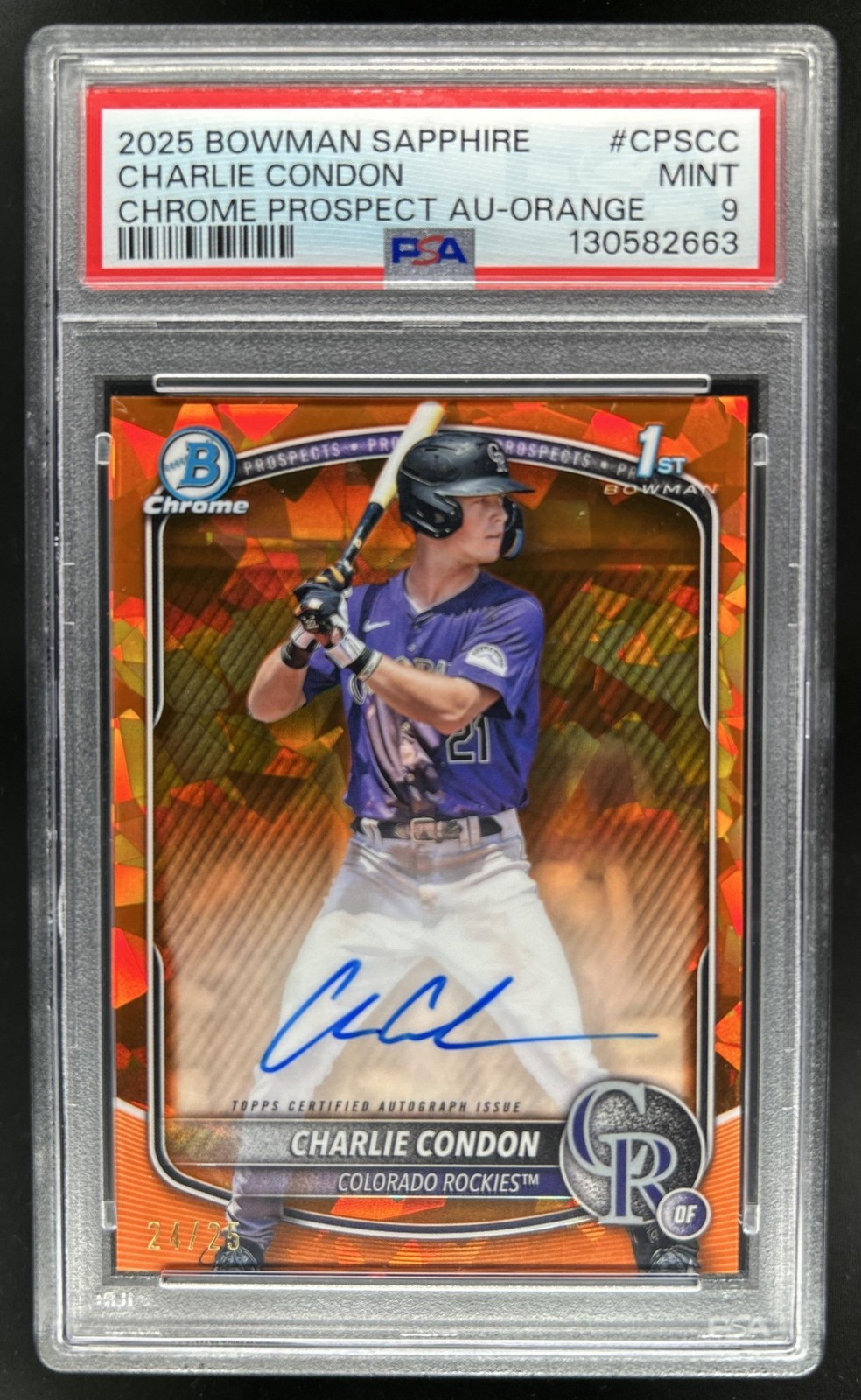 2025 Bowman Sapphire Charlie Condon Chrome Auto Orange Refractor 1st #/25 PSA 9