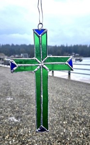 New Handmade Stained Glass Blue And Green Cross Suncatcher