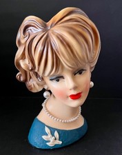 7.5" Vintage Lady Head Vase ~ Teal Dress ~ Pearl Brooch ~ Earrings ~ Necklace