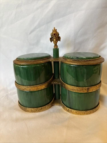 Vintage Green Bakelite 4 Part Jewelry Trinket Box