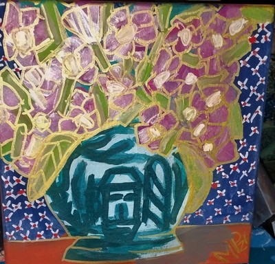 Raspberry Colored Flowers in Chinoiserie Vase 12x12 original acrylic painting 