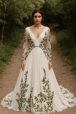 Vintage White Ivory Wedding Dresses with Green Leaves Chiffon A Line Bridal Gown