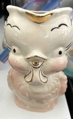 Vintage Shawnee Pottery Chickadee OWL Pitcher Milk Creamer Pink Gold Accents