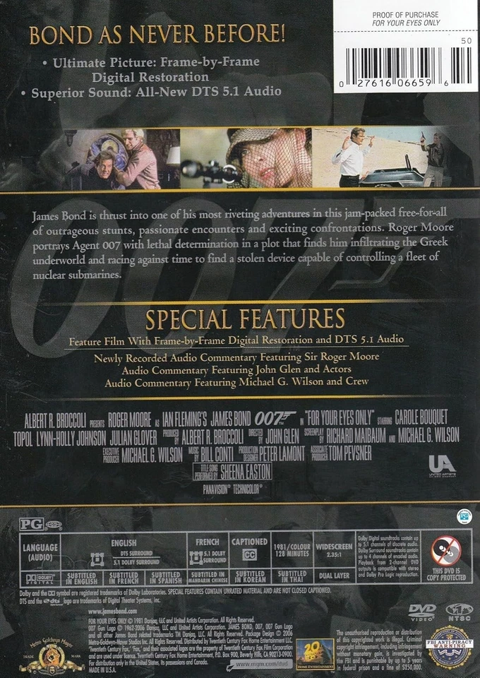 For Your Eyes Only - Roger Moore  Carole Bouquet  Topol  - James Bond New DVD - Image 2 of 2