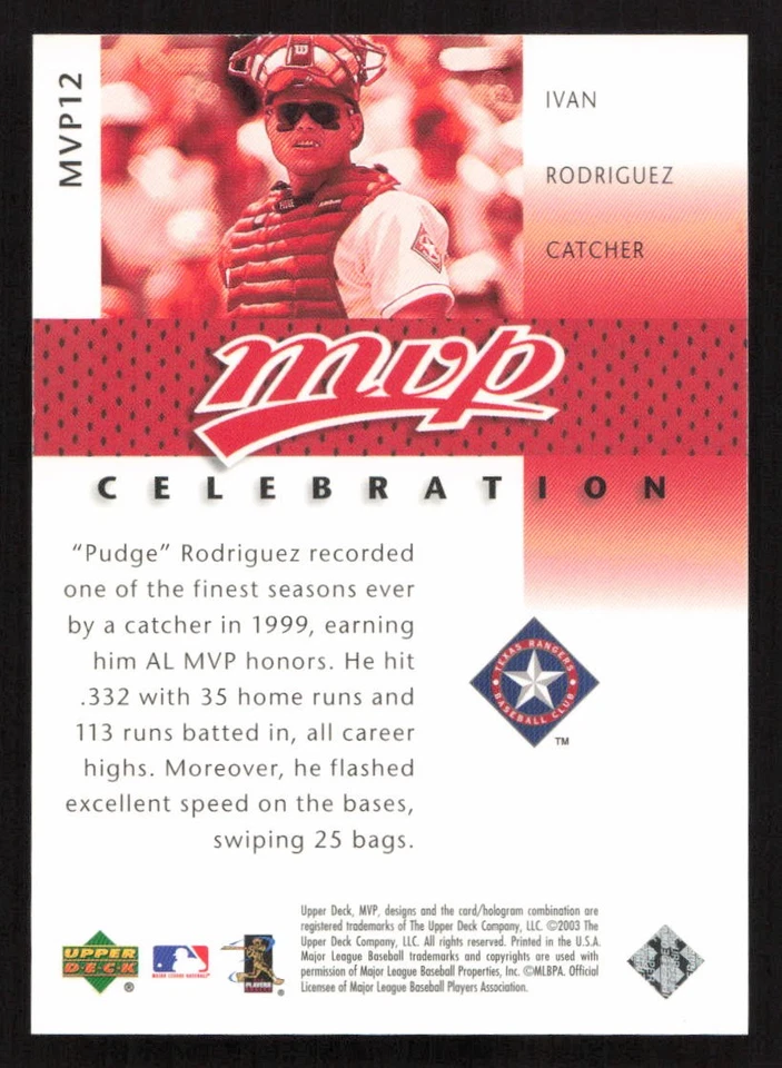 2003 Upper Deck MVP Ivan Rodriguez Celebration #/1999 #MVP12 Card - Image 2 of 2
